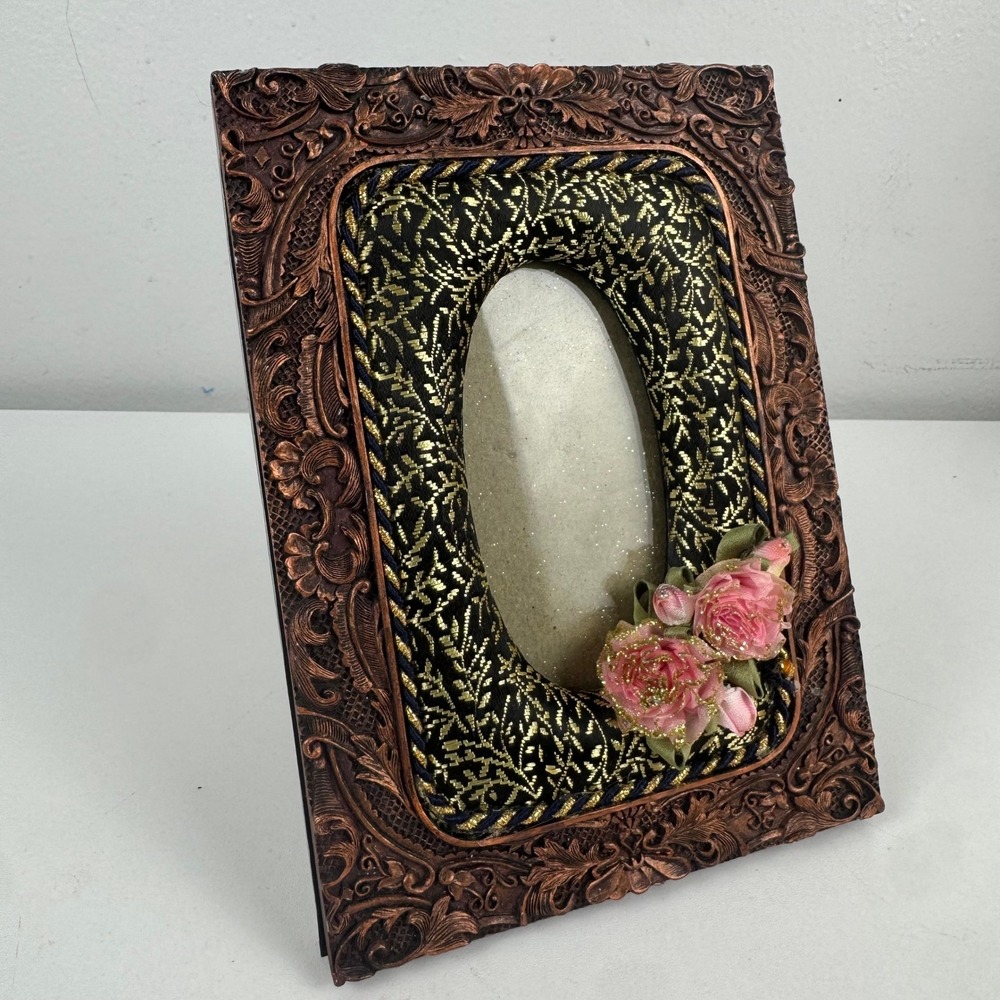 Vtg Victorian Style Picture‎ Frame Ornate Copper Tone Floral Roses